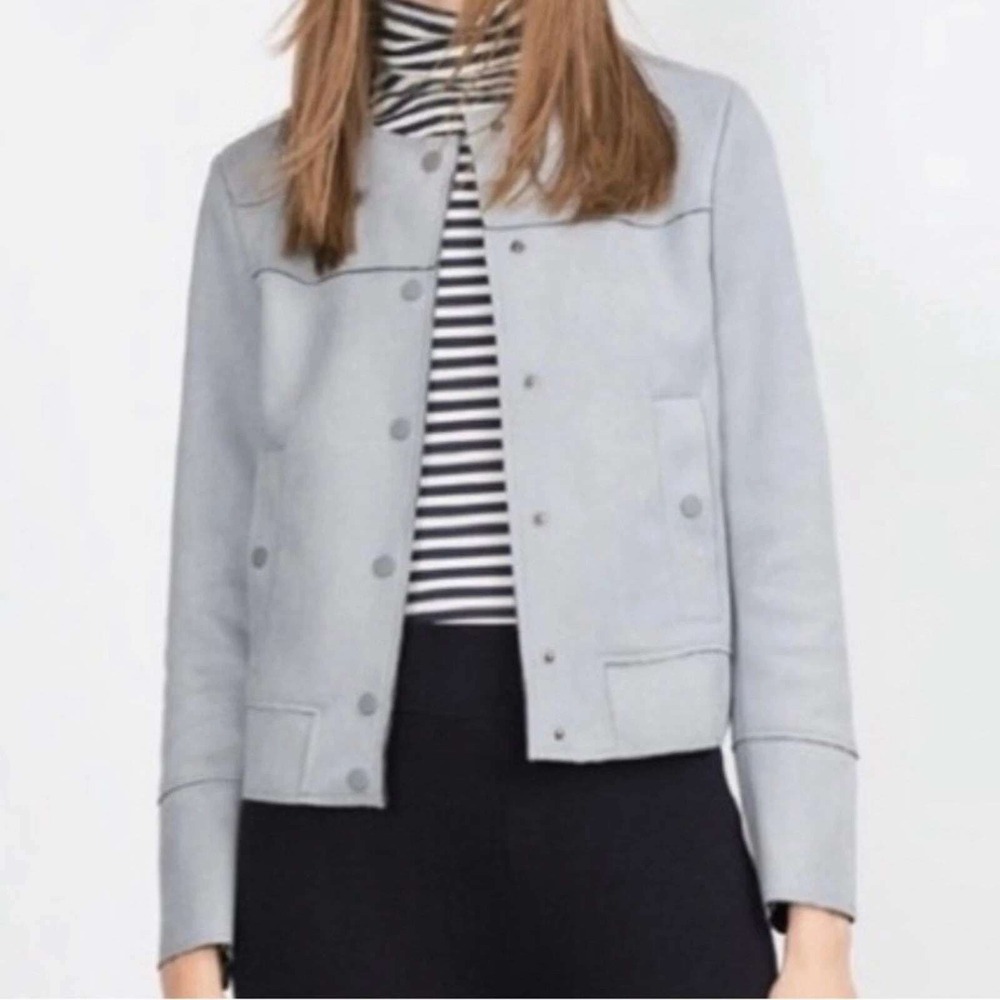 Zara Basic Jacket Faux Suede Collarless Button Up Light Blue‎ Size L